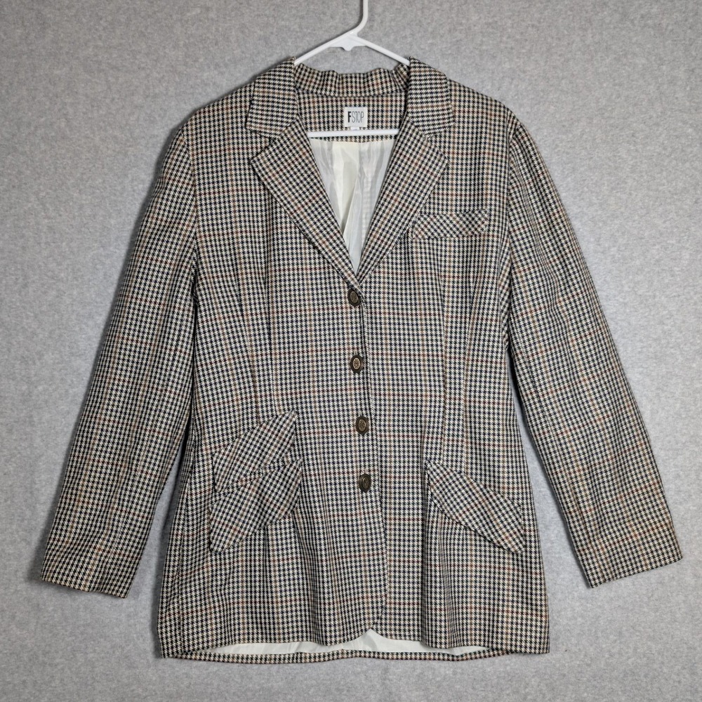 F Stop Houndstooth Blazer Womens 10 Multicolor Vintage Made in USA Preppy *FLAWS